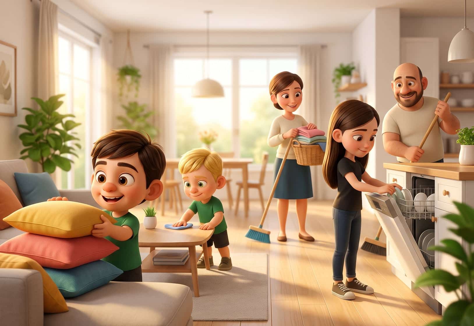 A family of five each doing a different household chore together across a bright Scandinavian kitchen and living area.
