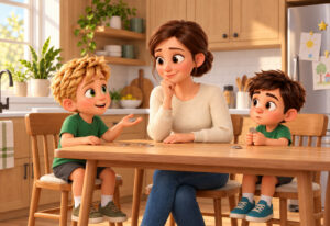 A mum sits at a kitchen table with two young boys, each holding a coin, mid-discussion about chores and pocket money.