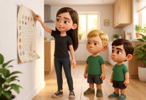 A girl re-pins a curling paper chore chart while two younger brothers watch, the chart clearly worn and half-empty.