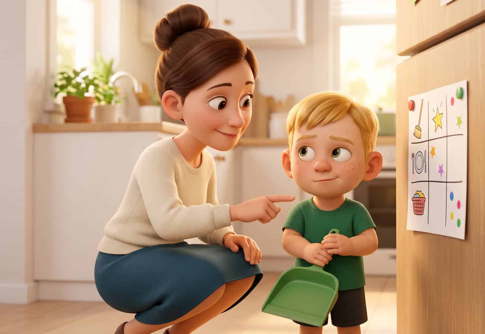 A mum kneels beside her young blond son in a bright kitchen, pointing to a chart on the fridge as he holds a dustpan.