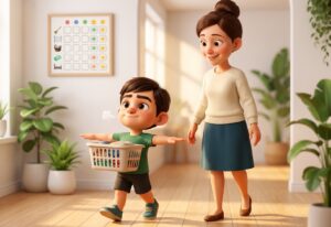 A small dark-haired boy proudly carries a laundry basket while his mum smiles beside him in a bright home hallway.