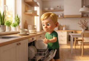 A blond freckled boy loading dishes into a dishwasher in a bright kitchen, looking focused and capable.
