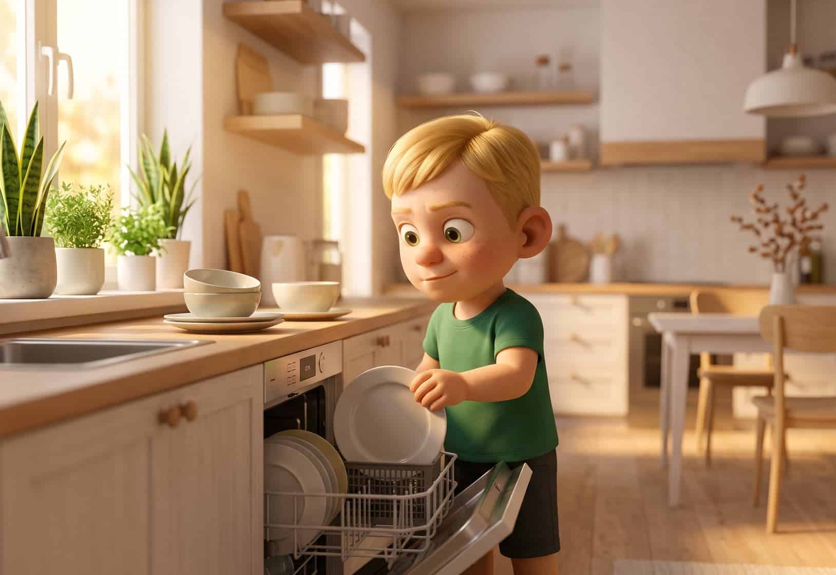 A blond freckled boy loading dishes into a dishwasher in a bright kitchen, looking focused and capable.