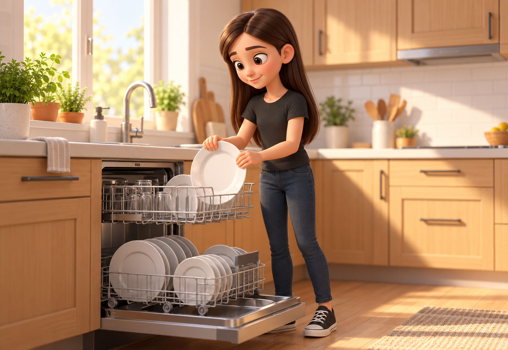 A teenage girl with long dark hair loads a dishwasher in a bright Scandinavian kitchen, looking calm and capable.
