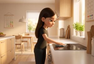 A capable tween girl wiping down kitchen surfaces on her own, working confidently in a bright Scandinavian kitchen