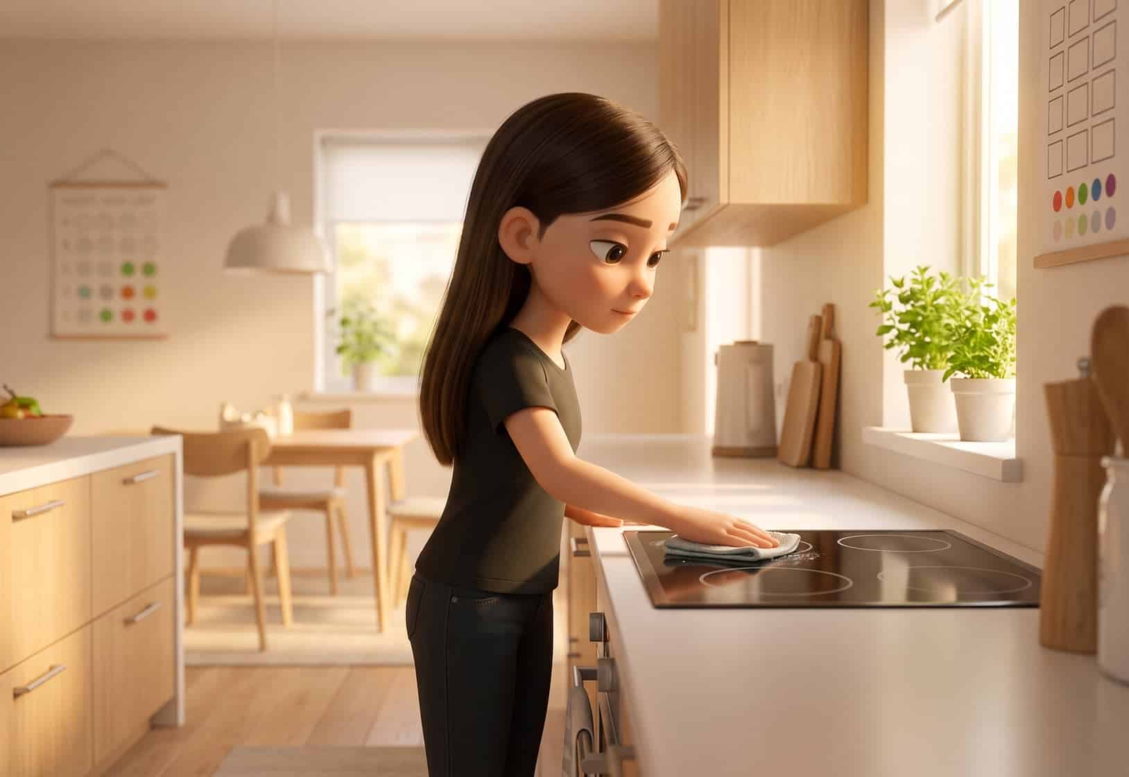 A capable tween girl wiping down kitchen surfaces on her own, working confidently in a bright Scandinavian kitchen