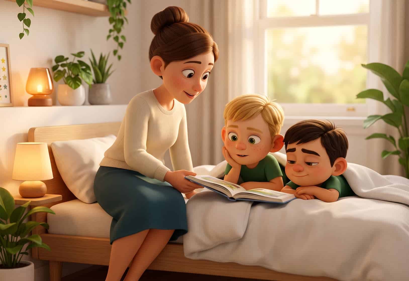 A mum reads a picture book to two young boys tucked into bed in a warmly lit bedroom at bedtime.