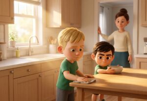 A mum watches from a doorway as her two young sons tidy the kitchen together, both working cheerfully on their own.