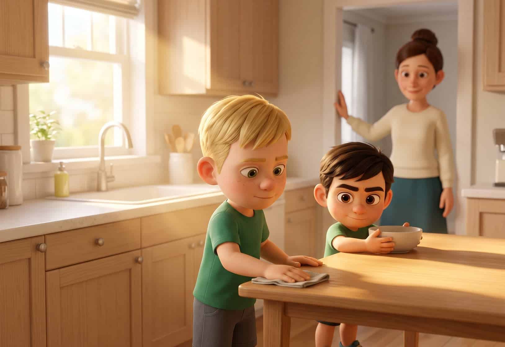 A mum watches from a doorway as her two young sons tidy the kitchen together, both working cheerfully on their own.