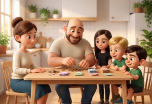 A dad sorts coins and notes into separate piles on a kitchen table while three children and their mum look on with anticipation.