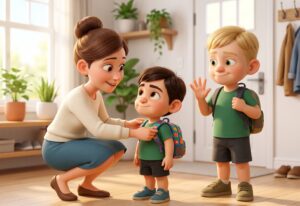A mum helps her youngest son with his backpack by the front door while his older brother counts off a checklist on his fingers.
