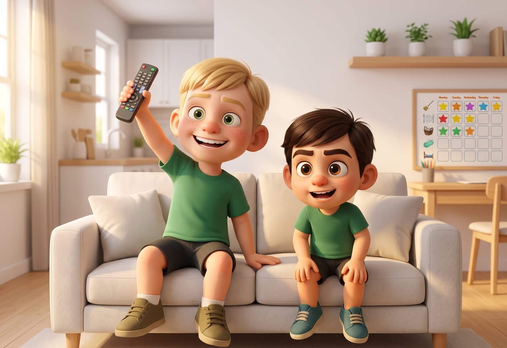 Two young brothers grinning on a sofa, remote control in hand, ready to enjoy their earned screen time.