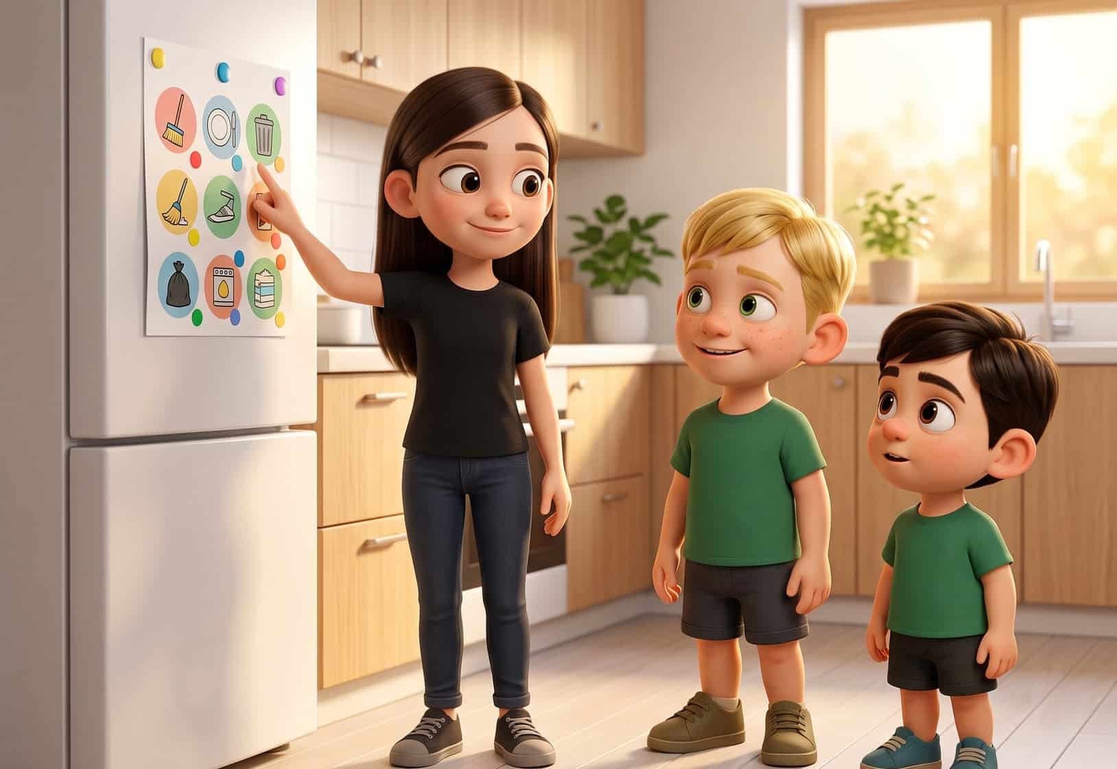 Three siblings in a bright kitchen discuss a pictogram chore chart on the fridge, the oldest girl gesturing while her brothers listen.