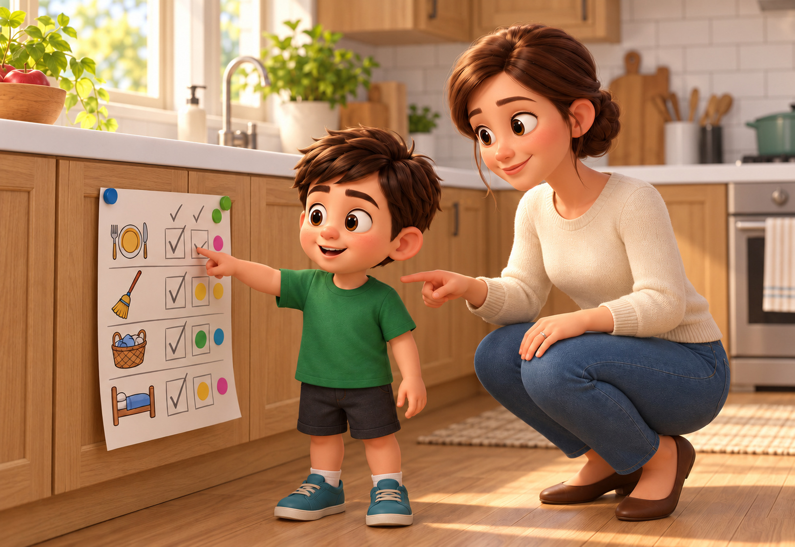 A mum kneels beside her young son, both smiling as they look at a simple icon-based chart on the wall.