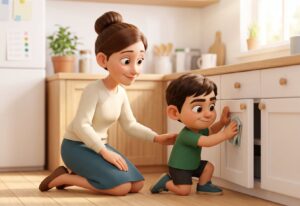 A mum kneels beside her young son in a bright kitchen as he wipes a cabinet with a cloth, both smiling.