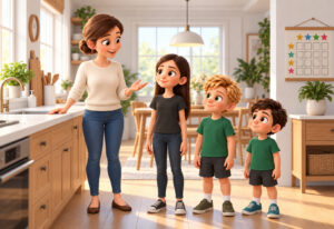 A mum assigns morning tasks to her three children in a bright kitchen, the children lined up tallest to shortest beside her.