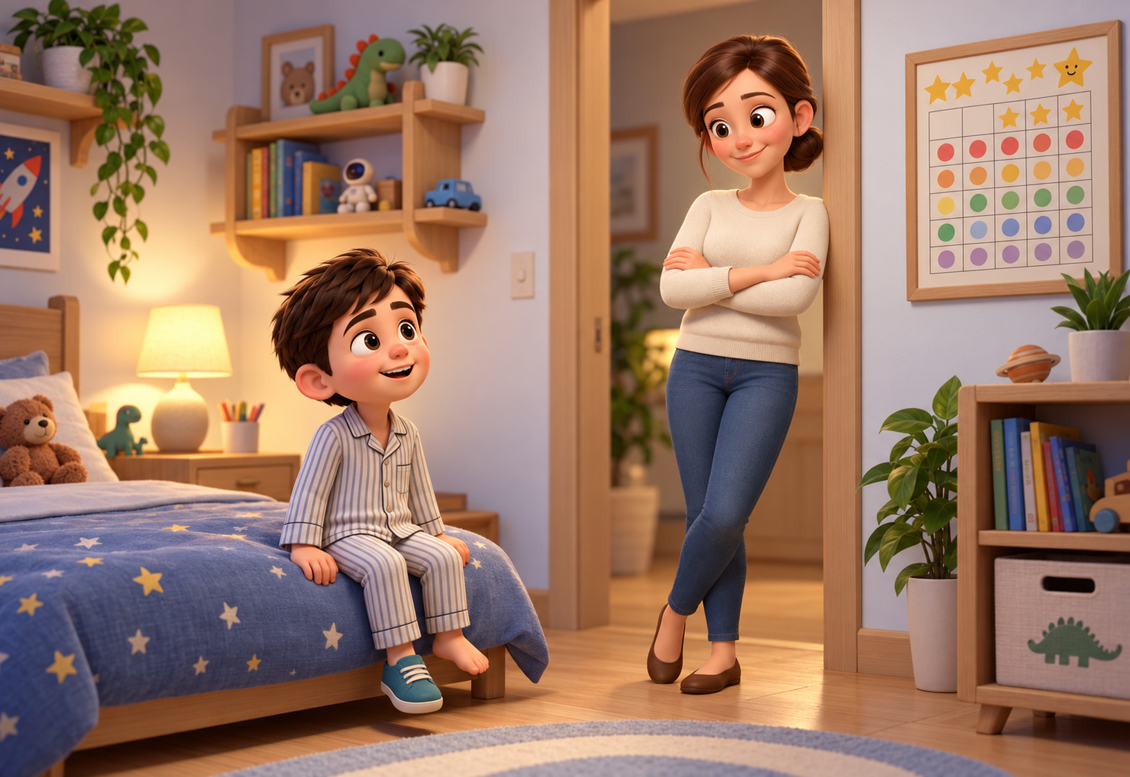 A mum stands in a child's bedroom doorway as her young son in pyjamas stalls at bedtime, one shoe still on, grinning.