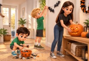 Three children decorating for Halloween: a tall girl arranging a pumpkin, a blond boy hanging decorations, a small boy sorting props.