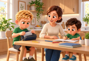A mum at a light-wood kitchen table helps two young boys settle in with books and pencils for homework time.