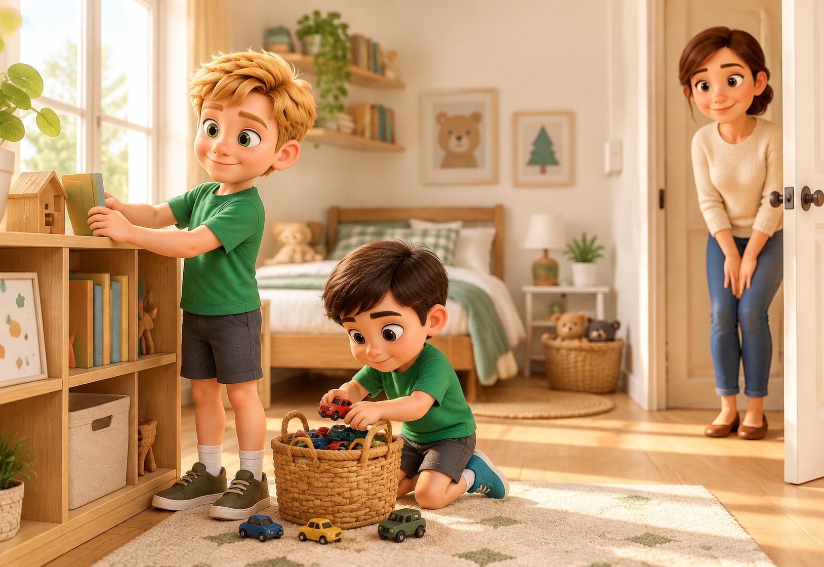 A mum watches from the doorway as two young boys tidy their bedroom, one stacking books and one collecting toys.