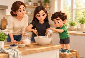 A mum watches her teenage daughter stir a bowl while her young son on a step stool carefully pours in an ingredient.