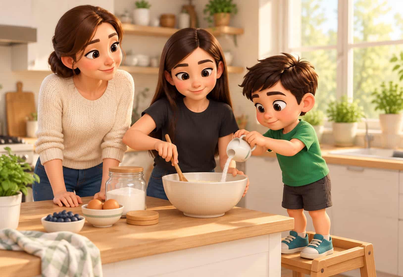 A mum watches her teenage daughter stir a bowl while her young son on a step stool carefully pours in an ingredient.