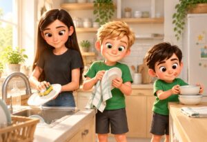Three siblings washing up together in a bright kitchen, tallest girl scrubbing, blond boy drying, smallest boy stacking.