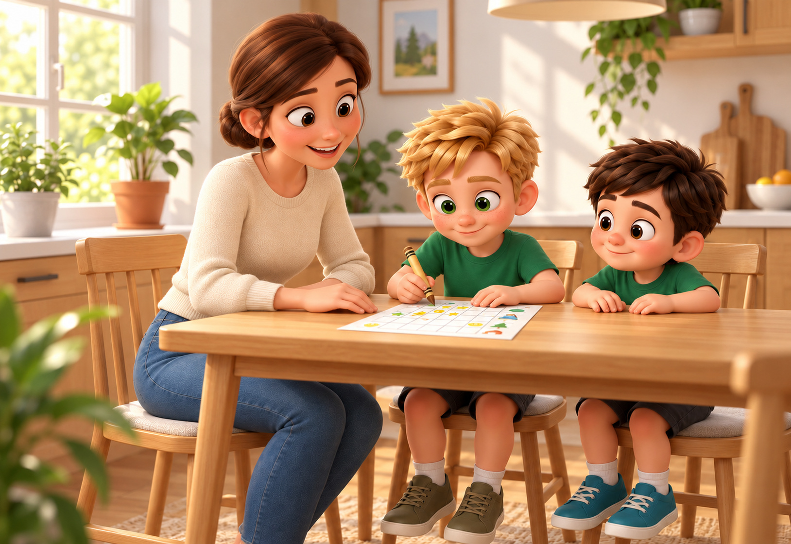 A mum and her two young sons sit at a bright kitchen table, the older boy ticking a dot chart as his little brother watches.