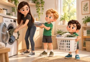 A teenage girl loads a washing machine while her younger brother passes her clothes and their smallest sibling holds an oversized laundry basket.