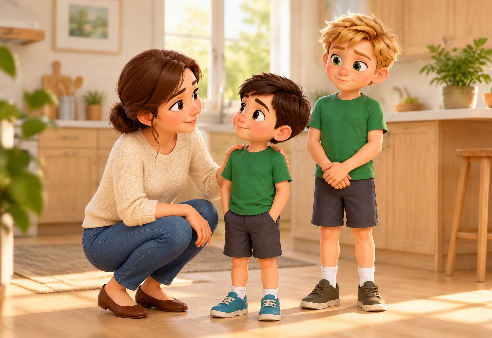 A mum kneels to her youngest son's level in a bright kitchen while her middle son stands nearby, both listening to her calmly.