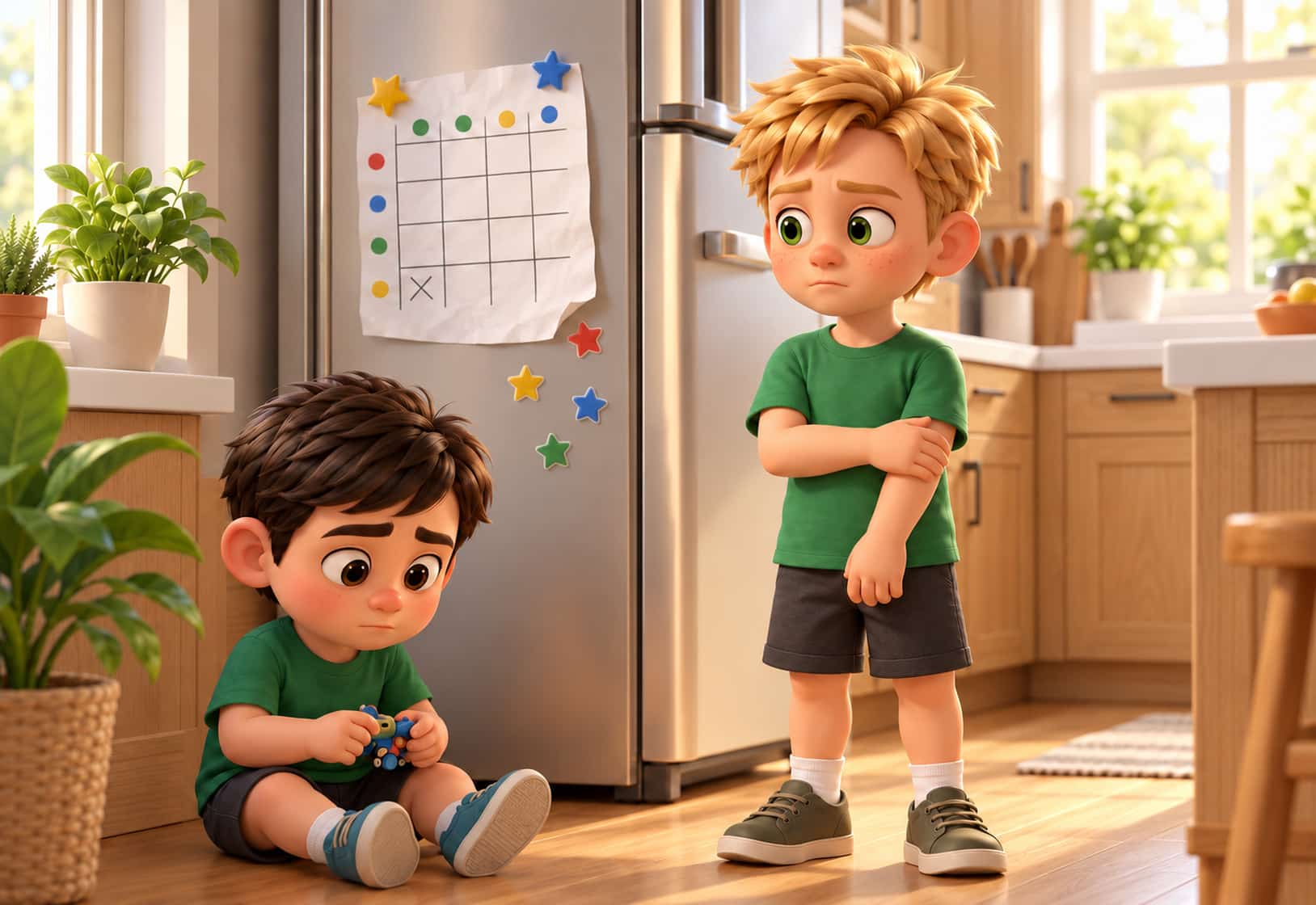 A boy stands arms crossed by a drooping sticker chart on a fridge while his younger brother plays on the floor, ignoring it.